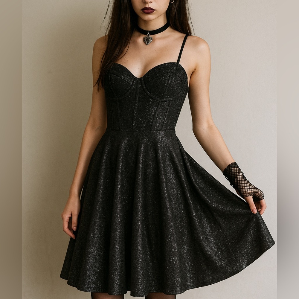 René the Label Black Glitter Bustier Midi Dress sz2 XS romantic grunge goth prom